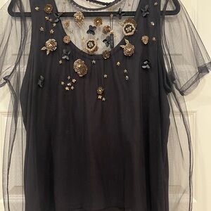 Elie Tahari Black Sheer Top with Gold Embellishments